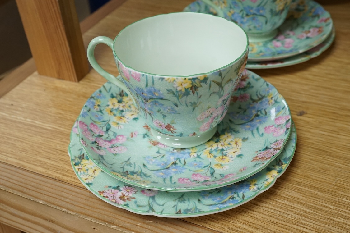 A Shelley ‘Melody’ porcelain six cup tea set, teapot missing, cake plate 25cm square (21)